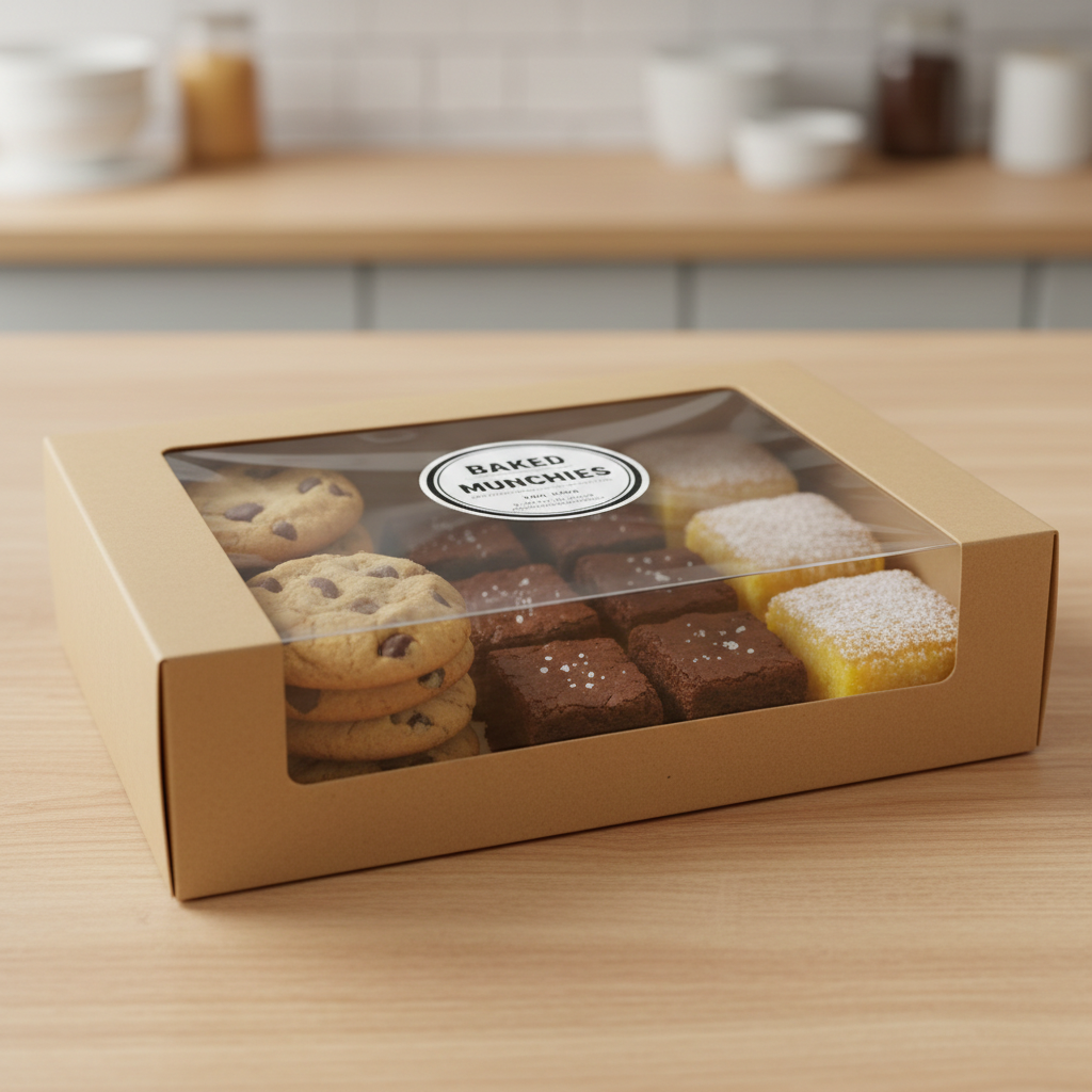 Mixed box of mini desserts that sell well in branded packaging for a home baking business
