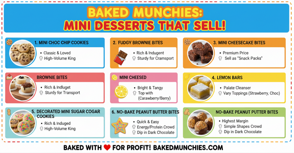 Horizontal infographic for Baked Munchies titled Mini Desserts That Sell including mini cookies, brownie bites, cheesecake, and lemon bars