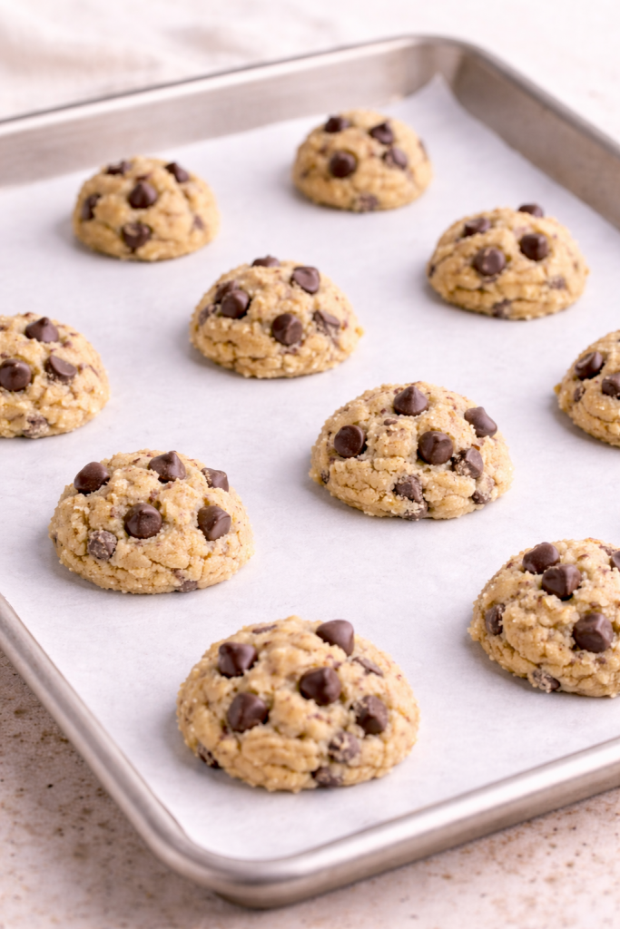 Mini gluten free cookies spaced evenly on a lined baking sheet before baking