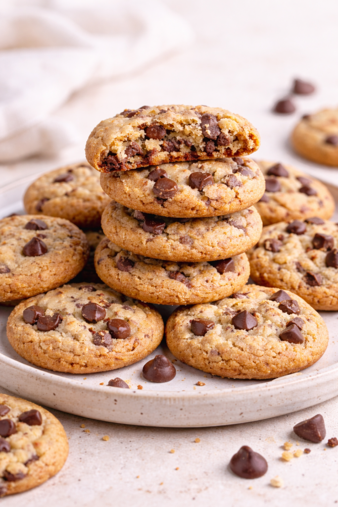 Mini gluten-free cookies stacked on a plate showing soft centers and chewy texture