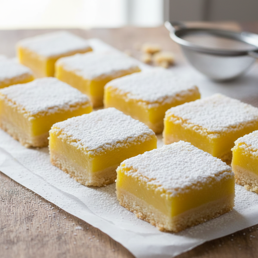 Bright yellow mini lemon bars dusted with powdered sugar, popular seller
