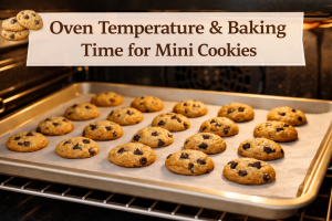 Mini chocolate chip cookies baking evenly on a sheet pan inside a preheated oven