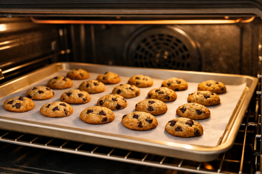 Good oven temperature for mini cookies baking evenly on a light-colored baking sheet in an oven