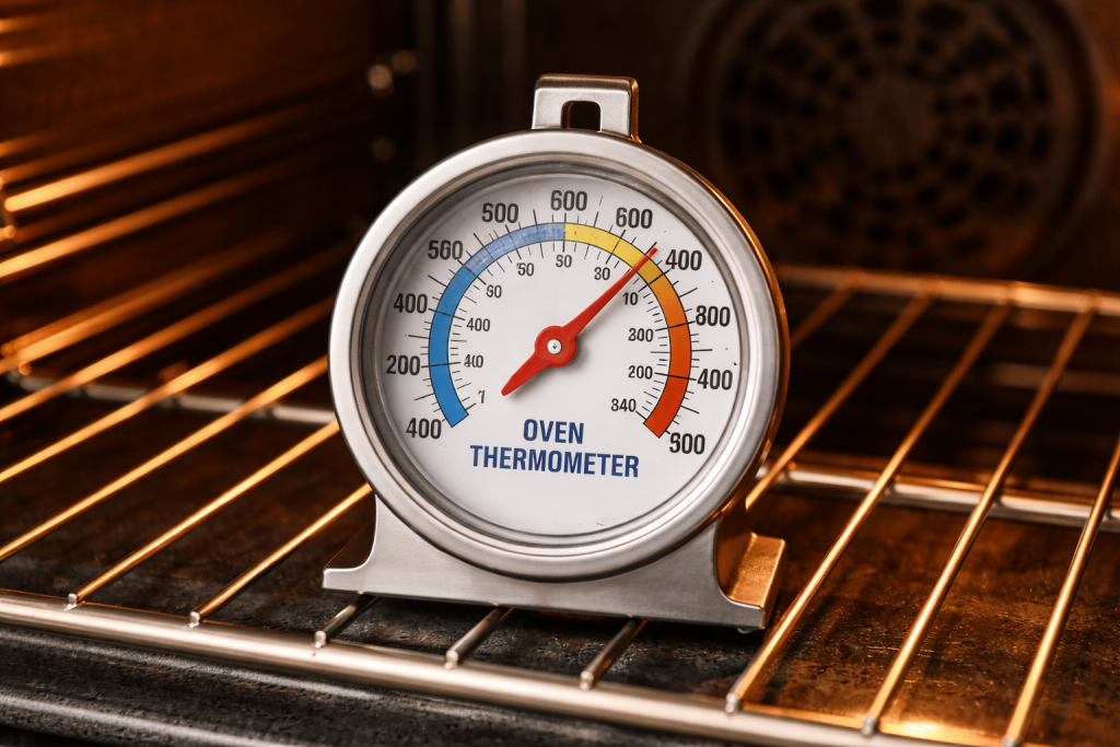 Oven thermometer showing the true temperature inside a home oven
