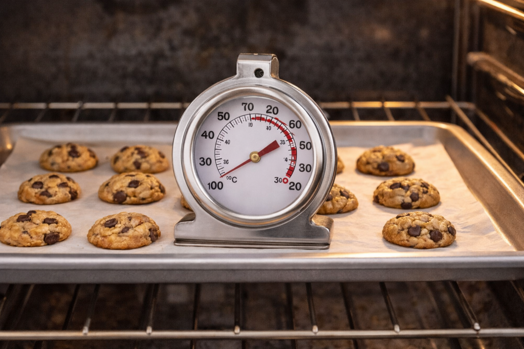 Oven thermometer showing accurate baking temperature inside an oven