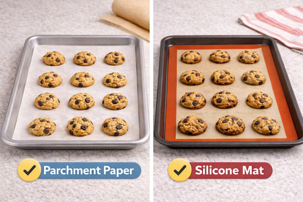 Mini cookies baked on parchment paper and silicone baking mat