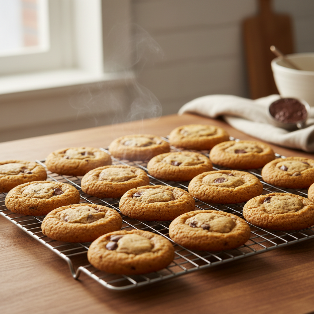 A batch of uniformly baked, golden-brown chocolate chip cookies cooling on a wire rack, representing professional baking results.