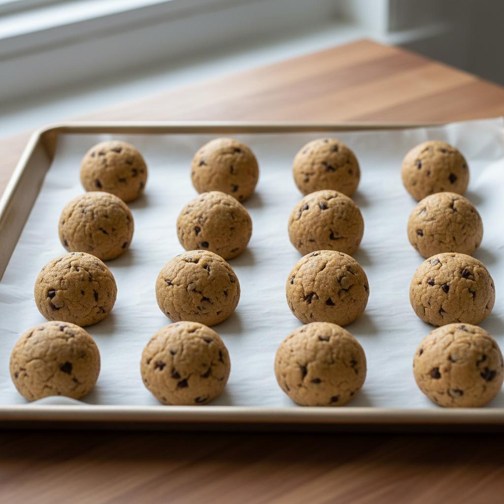 Precisely portioned cookie dough balls arranged on a baking sheet, demonstrating the consistency achieved with a cookie scoop.