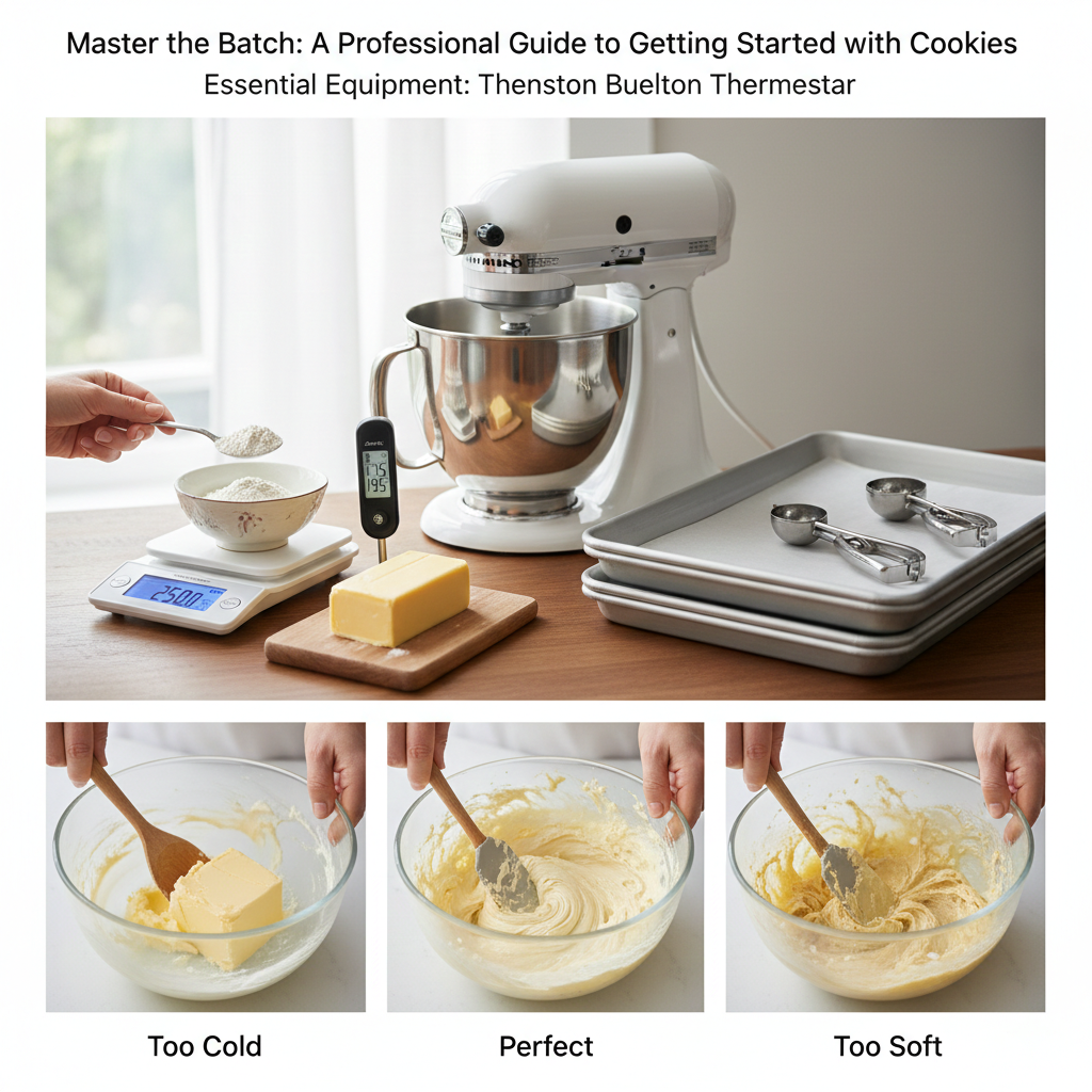 Getting Started with Cookies: A well-organized professional baking station with a digital scale, mixer, and baking sheets, ready for precision cookie making.