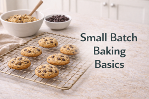 Small batch baking setup with a few chocolate chip cookies cooling on a wire rack