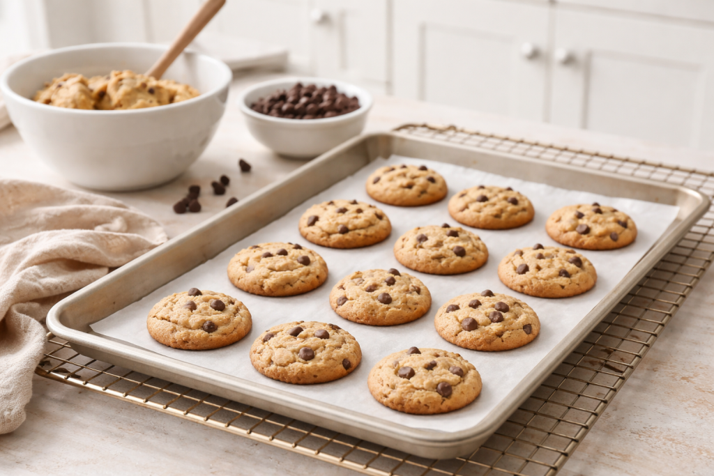 Small batch baking setup with a few cookies cooling on a baking sheet