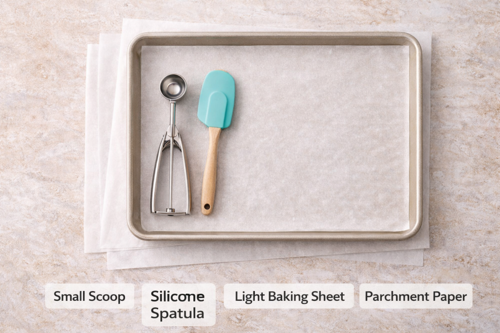 Small baking tools including a mini cookie scoop, spatula, and baking sheet