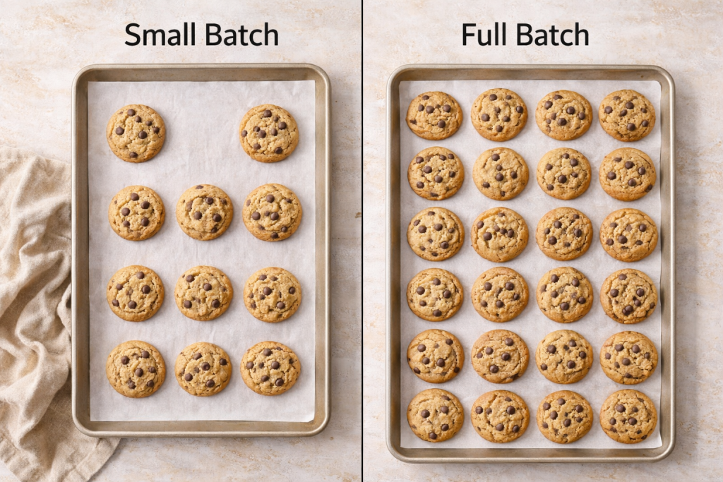 Side-by-side comparison of a small batch of cookies versus a full batch