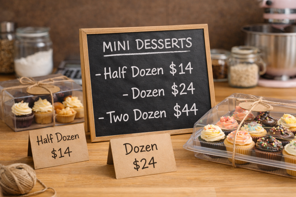 Tiered mini dessert pricing displayed on a simple menu board