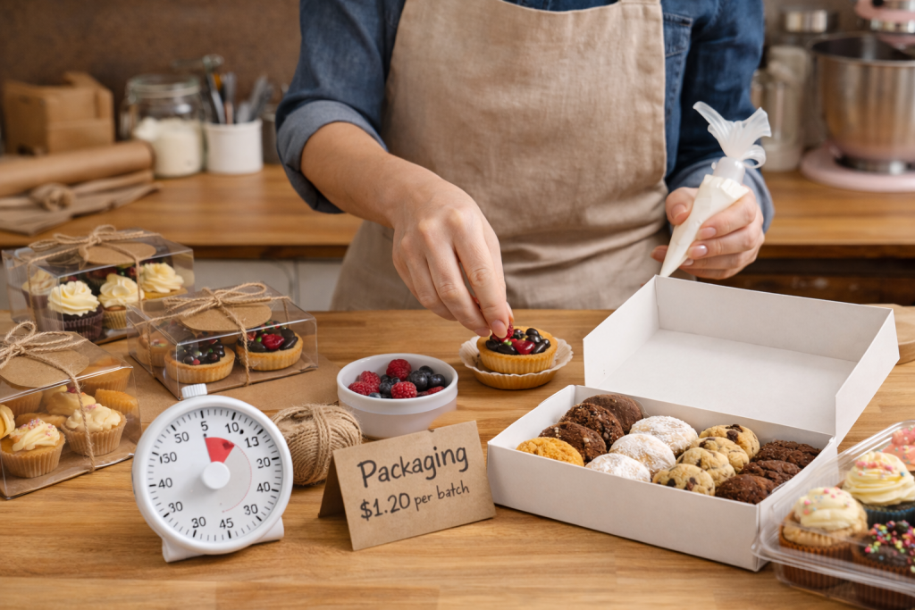 Home baker preparing mini desserts with a timer on the counter