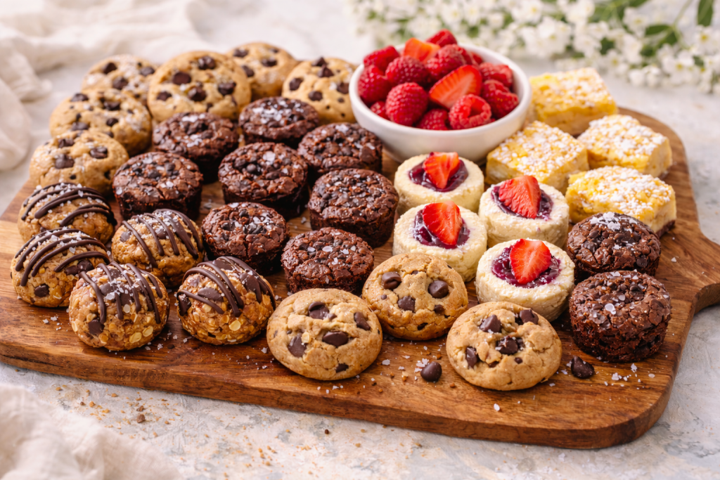 Vegan bite-sized desserts arranged on a dessert board for sharing