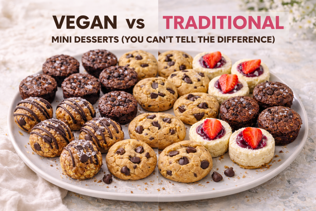 Side-by-side comparison of mini vegan and traditional desserts showing similar texture and appearance