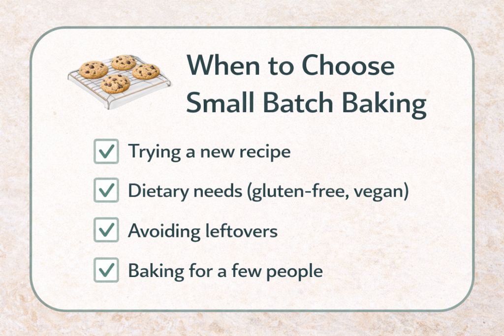 Infographic showing when to choose small batch baking, including testing recipes and avoiding leftovers